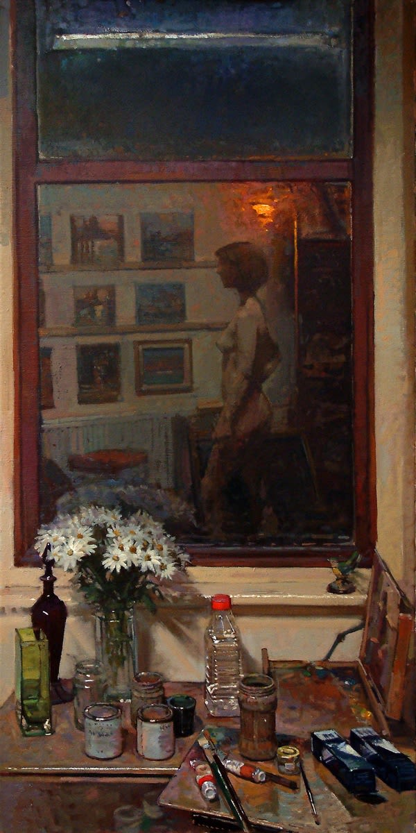 Richard Price Reflected Model in The Studio Window