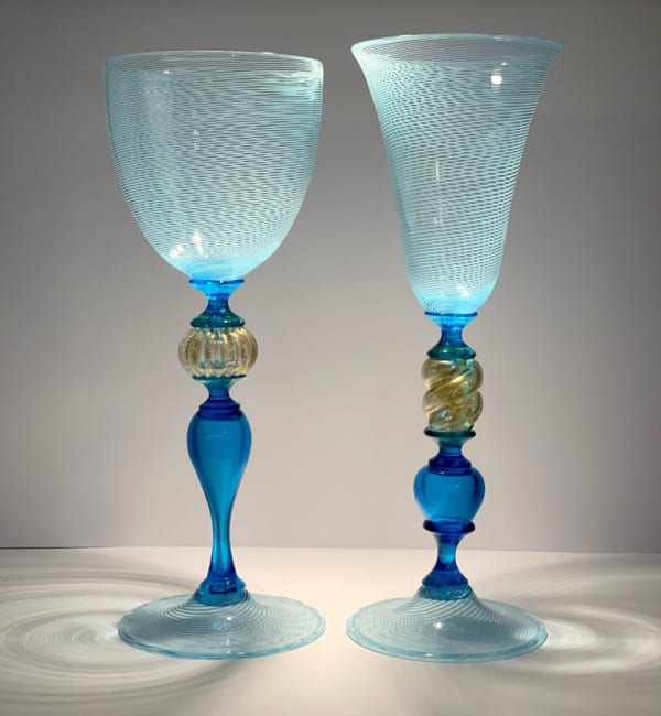 Beautiful 1940s Murano Blue Filigree Wine Glasses