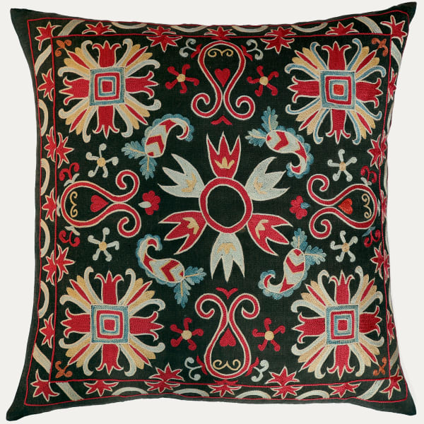 Unique Suzani Cushion with Silk Hand Embroidered Ottoman Motifs on Silk & Cotton Base Cloth