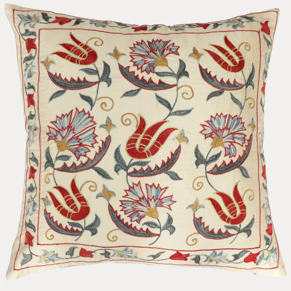 Unique Suzani Cushion with Silk Hand Embroidered Hyacinth and Carnation Motifs on Silk & Cotton Base Cloth