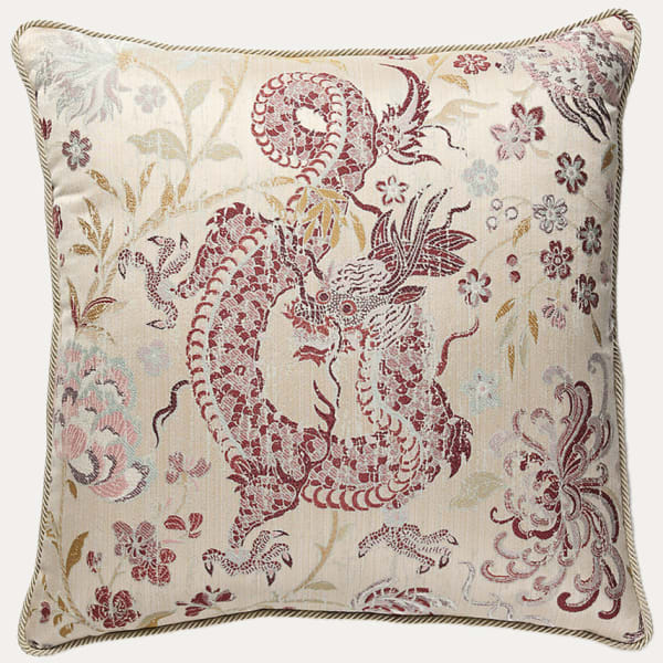 Dragon Tableau Winter Rose Cushion with Boulevard Cord Piping