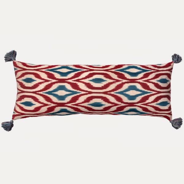 Red and Blue Silk Cotton Ikat Cushion with Bespoke Tassels