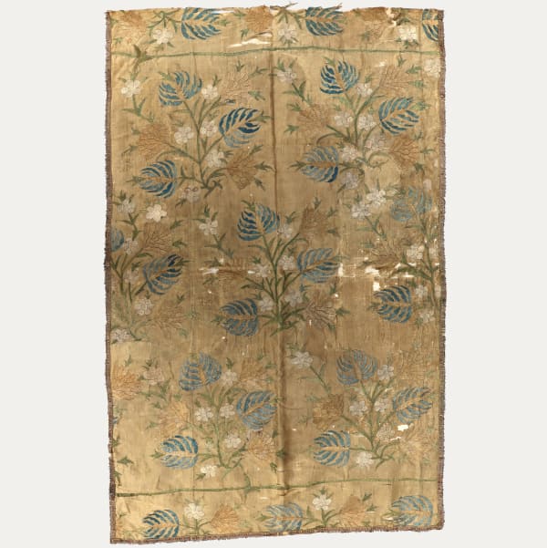 Fragment of embroidery, green, blue and cream taffeta with sprays of flowers