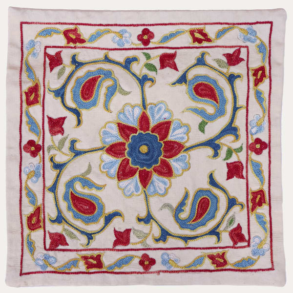 Unique Small Suzani Cushion Cover with Silk Hand Embroidered Ottoman Motifs on Silk & Cotton Base Cloth
