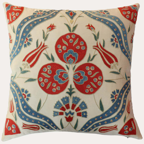 Unique Suzani Cushion with Silk Hand Embroidered Ottoman Motifs on Silk & Cotton Base Cloth