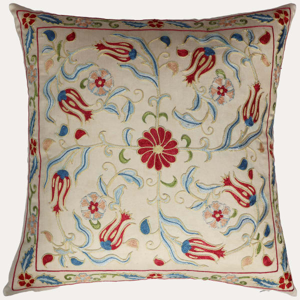 Unique Suzani Cushion with Silk Hand Embroidered Tulip Motifs on Silk & Cotton Base Cloth