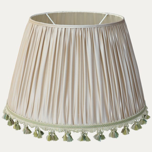 Douppion Putty Silk Handsewn Gathered Shade with Mimosa Tassel Trim