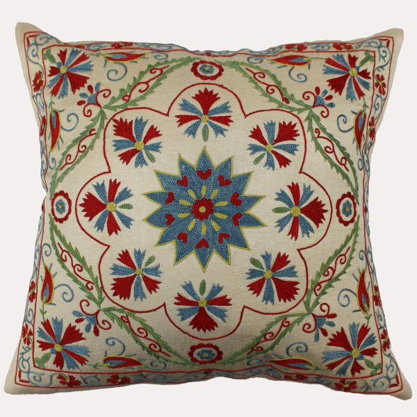 Suzani Hand Embroidered Silk Cushion with Feather & Down Pad