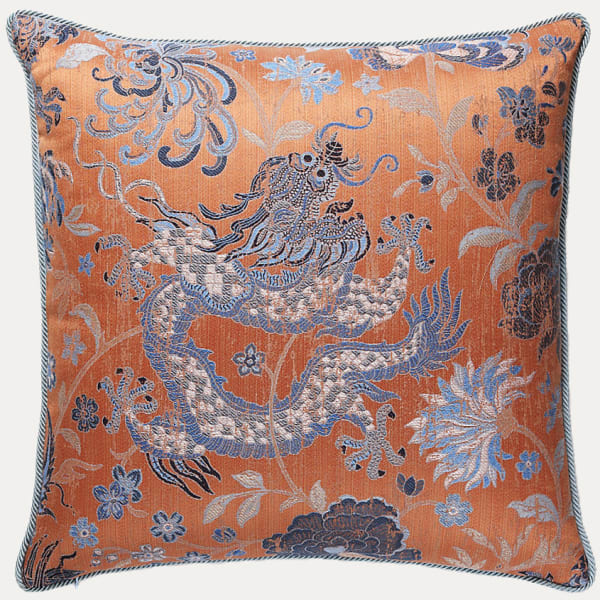 Dragon Tableau Persimmon Blue Cushion with Boulevard Cord Piping