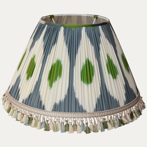 Blue Grey and Green Silk Cotton Ikat Empire Lampshade with Samuel and Sons Viscose Tassel Trim