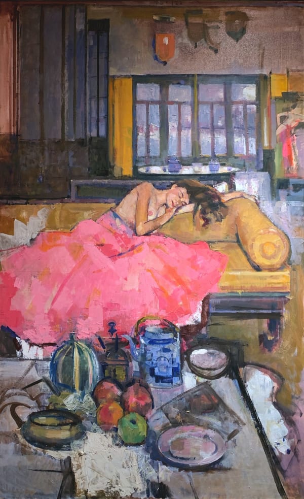 Geoffrey Humphries Sleeping Girl on Opium Bed with Still Life & Gourd