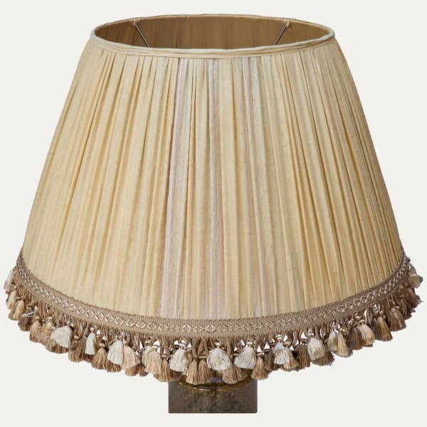 Handsewn Loosely Gathered Antique Uzbek Silk Lampshade with Samuel & Sons Orsay Silk Tassel Trim