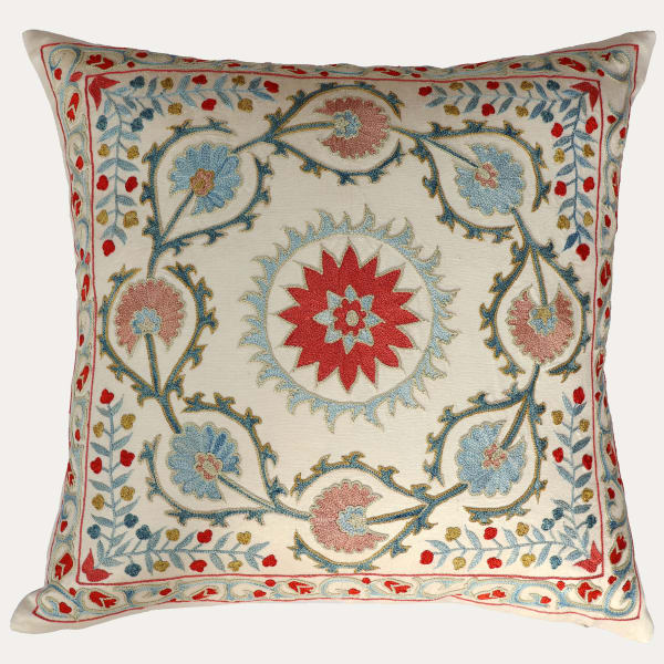 Unique Suzani Cushion with Silk Hand Embroidered Floral Motifs on Silk & Cotton Base Cloth