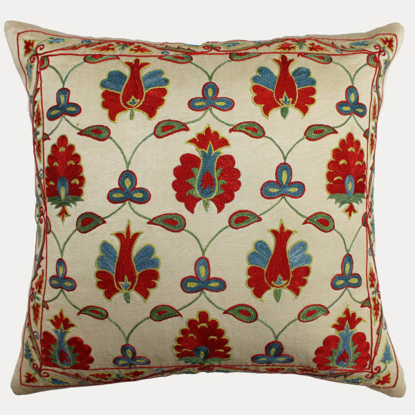 Suzani Hand Embroidered Silk Cushion with Feather & Down Pad