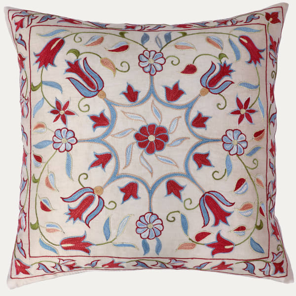 Unique Suzani Cushion with Silk Hand Embroidered Ottoman Motifs on Silk & Cotton Base Cloth