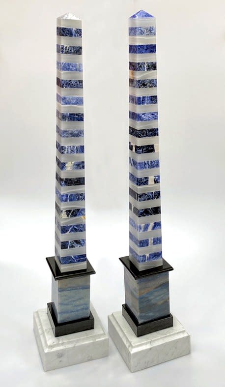 Pair of 33" Tall Obelisks in Blue Sodalite and White Oynx