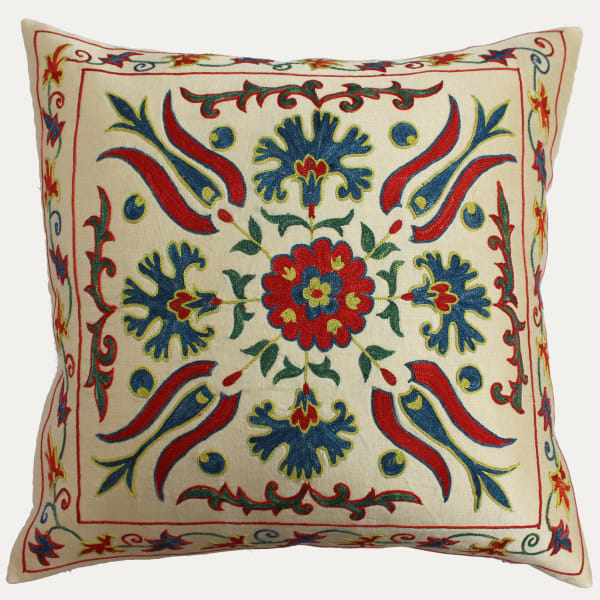 Suzani Hand Embroidered Silk Cushion with Feather & Down Pad