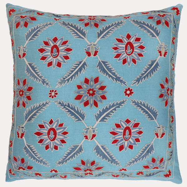 Unique Suzani Cushion with Silk Hand Embroidered Ottoman Motifs on Blue Silk & Cotton Base Cloth