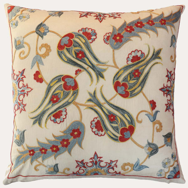 Unique Suzani Cushion with Silk Hand Embroidered Ottoman Motifs on Silk & Cotton Base Cloth