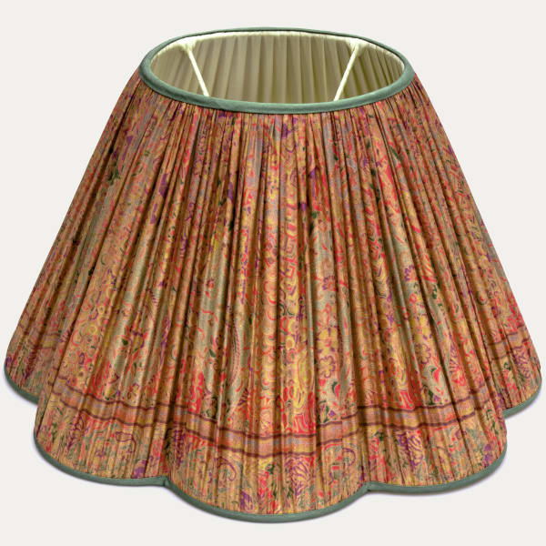 Beautiful Vintage Sari Silk Fabric Scallop Lampshade with Green Silk Trimming