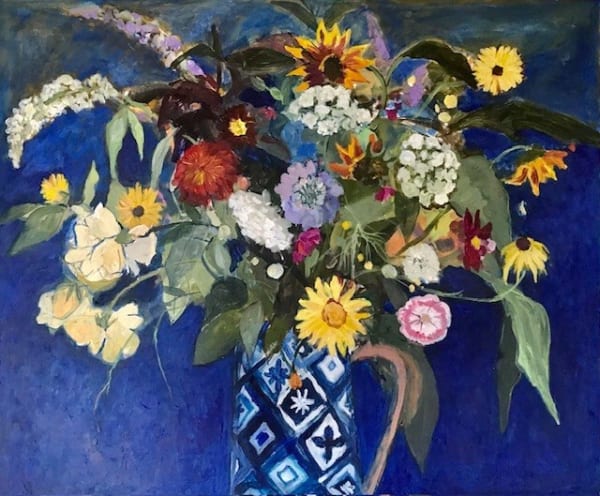 Summer Flowers in Blue Patterned Jug