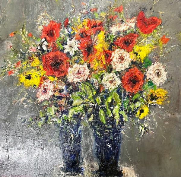 Mixed Flowers in Blue Vases