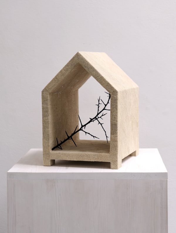 Abigail Booth Spell Bound, 2025 Bone charcoal, gum arabic, chalk, hide glue and scrim on blackthorn skeleton and reclaimed wood 30.5 x 20.5 x 25.5 cm 12 x 8 1/8 x 10 in