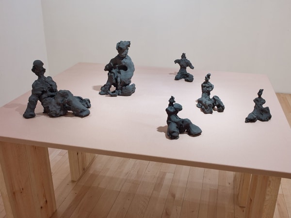 DANIEL SILVER Moon World 1, 2018 6 unglazed ceramic sculptures, fabric, table Dimensions variable Table: 91 x 160 x 140 cm Dimensions variable Table 35.8 x 63 x