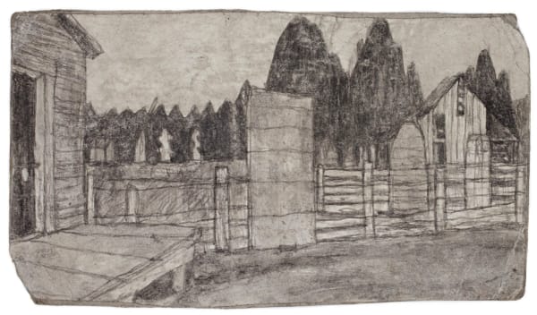 JAMES CASTLE Untitled (farmscape with fence), n.d. Found paper, soot 13 x 22.9 cm 5.1 x 9 in