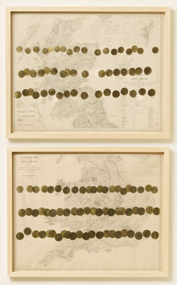 Giulia Piscitelli The Virgin Mary with the Apostles and Other Saints / The Forerunners of Christ with Saints and Martyrs, 2017 Geological map of Great Britain, prepared by geological survey 2nd edition 1957, sheets 1 & 2 Beato Angelico (probably), ‘The Virgin Mary with the Apostles and Other Saints’ and ‘The Forerunners of Christ with Saints and Martyrs’, about 1423-4, from Fiesole San Domenico Alterpiece, left predella panel, egg tempera on wood, National Gallery, London Gold leaf on paper 85 x 108 cm (each)