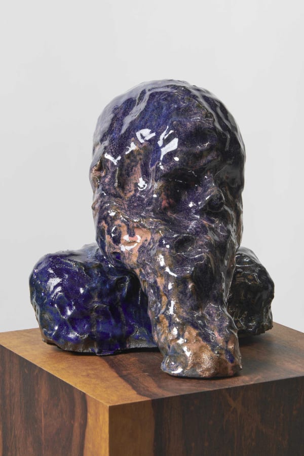 DANIEL SILVER Turquoise cyan blue and pink, 2021 Glazed ceramic head on imbuia chicken scratch artist's plinth 28 x 28 x 33 cm (sculpture) 31.5 x 31.5 x 105 cm (plinth) 133 x 31.5 x 31.5 cm (total)