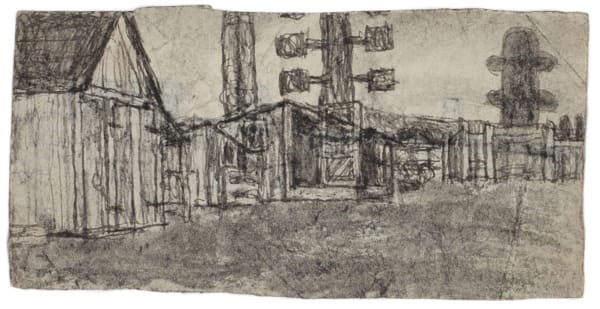 JAMES CASTLE Untitled (farmscape with forms/farmscape), n.d. Found paper, soot 8.3x 16.5 cm 3.3 6.5 in