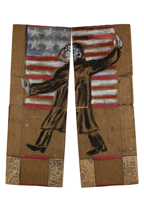 Alexander Kaletski Hold on, America, 2002 Mixed media on burlap / Técnica mixta sobre tela de arpillera 233 x 198 cm 91 3/4 x 78 in