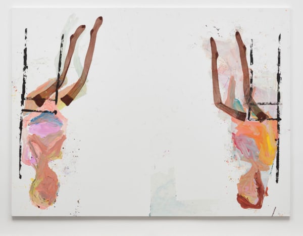 Georg Baselitz Was ist das (что это), 2023 Oil, dispersion adhesive and nylon stockings on canvas / Óleo, adhesivo de dispersión y medias de nylon sobre lienzo 304 x 404 x 5 cm 119 3/4 x 159 x 2 in