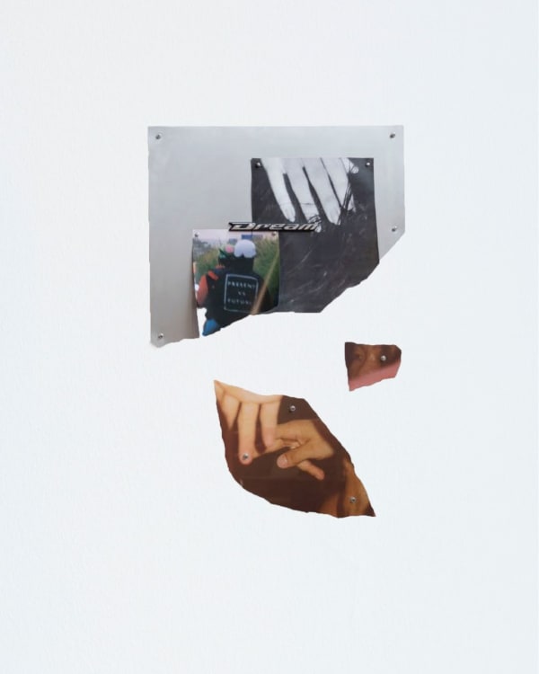 Prune Phi DREAM [PRESENT VS FUTURE], 2022 Acier brut, photographie, sticker, bois, fausse fourrure, étain 60 x 100 x 2,8 cm