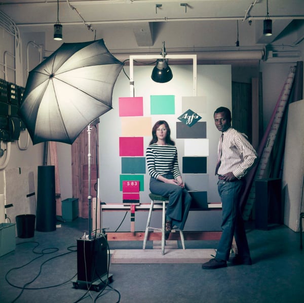 Self-portrait with a model during James Barnor’s training at the Agfa-Gevaert laboratory in Mortsel, Belgium
