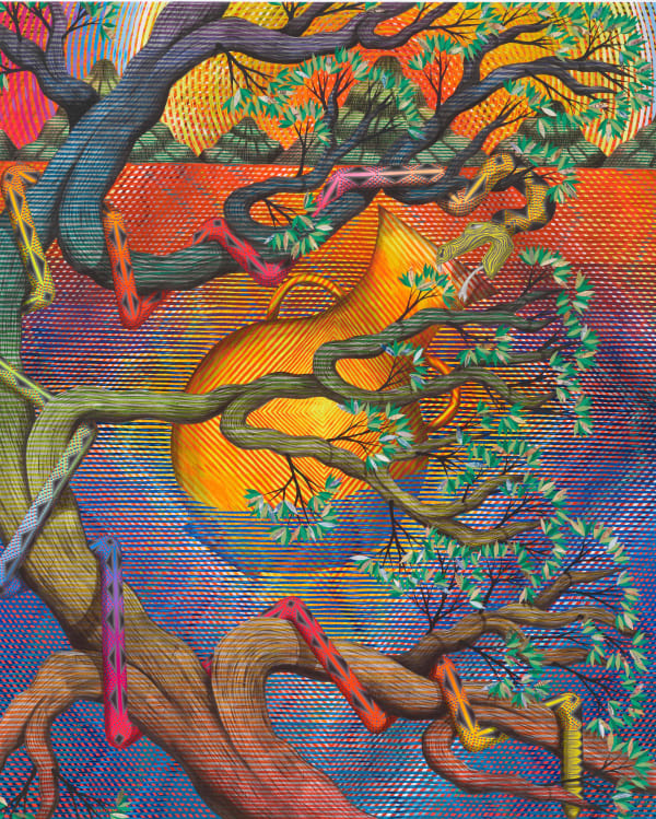 Andrew Schoultz Radial Vessel Snake, 2023 Acrylic & collage on canvas 198.1 x 160 cm 78 x 63 in Unique