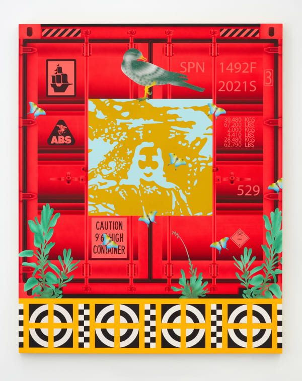 Jaime Muñoz, Shipping Container Apparition #1, 2020, Acrylic, flocking, glitter, texture paste on panel, 60 x 48 in, 152.4 x 121.9 cm_web