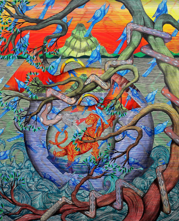 Andrew Schoultz, Floating Vessels at Sunset Sea, 2023