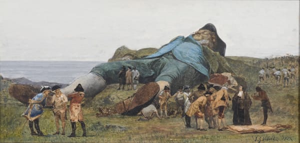 Jehan Georges Vibert, dit Jean-Georges Vibert Gulliver, fortement attaché au sol et cerné par l'armée. (Les autorités Lilliputiennes attendent son réveil."), 1869