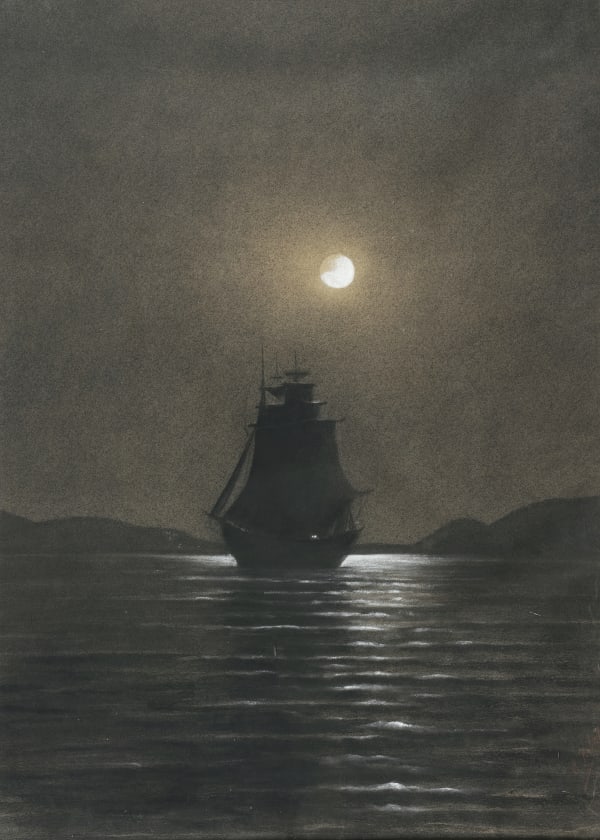 Ecole française de la fin du XIXème siècle, Voilier au clair de lune, effet de nuit
