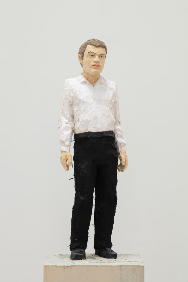 Stephan Balkenhol Man (White Shirt & Black Trousers), 2024 Painted wawa wood 67 2/8h x 11 3/8w x 9 5/8d in 171.0h x 29.0w x 24.5d cm