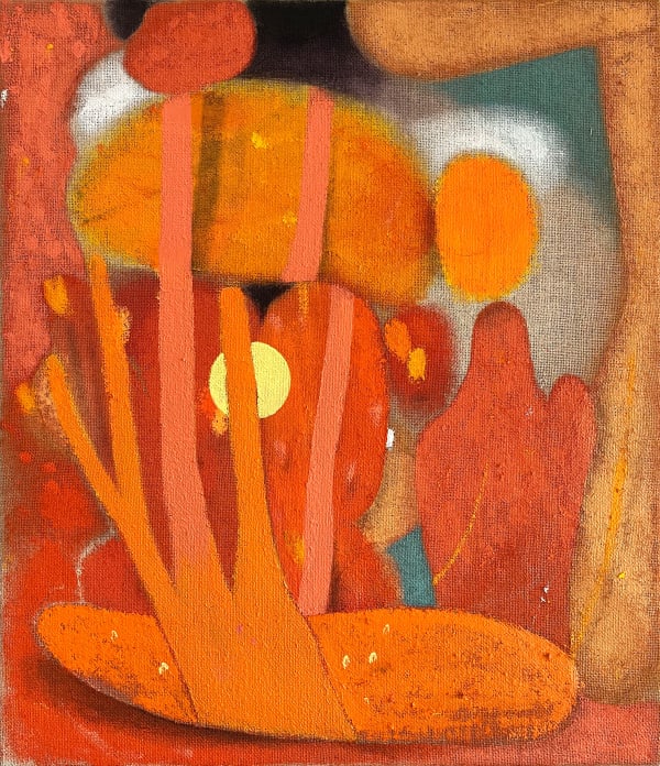 Henning Kles Super Nature I, 2024 Leinen, Acryl, Öl, Lack und Oilstick auf Jute 70 x 60 cm