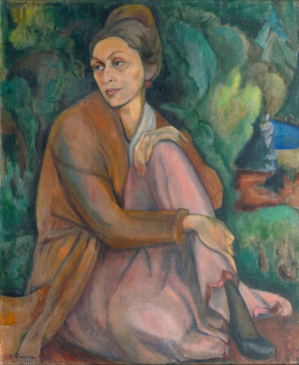 Alexandra Povòrina-Hestermann, Dame im Park verso Landschaftsskizze, 1920