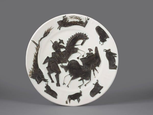 Pablo Picasso Corrida (A.R. 182), 1953 Sign carved on the back side “Madoura Plein Feu” and “Picasso's original seal” Faïence ceramic plate Dia 42 cm (16 ½ in.) Edition outside of an edition of 200. Only a handful of plates of this exact motif.