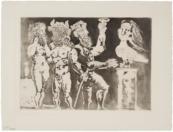 Chez la Pythie-Harpye : Personnages masqués et femme oiseau