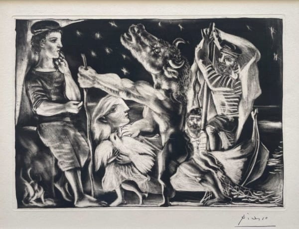 Pablo Picasso Minotaure aveugle guidé par Marie-Thérèse au pigeon dans une nuit étoilée, 1934 Aquatint treated with a scraper as a manière noire, drypoint and burin on copper, on Montval paper 24.7 x 34.8 cm (image) 34 x 44.4 cm (sheet) 260 Signed by the artist on the lower-right