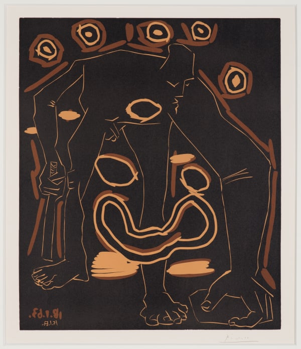 Pablo Picasso Homme au Bâton/Le Vieux Bouffon, 1963 Linocut, printed in color on Arches paper Image: 64 x 53.6 cm (25 ¼ x 21 1/8 in.) Sheet: 75.2 x 62.5 cm (29 5/8 x 24 5/8 in.) Framed: 100 x 91 cm (39 3/8 x 35 7/8 in.) One of a rare few artist proofs Printed by Arnèra (Vallauris) Signed « Picasso » on the lower right in pencil