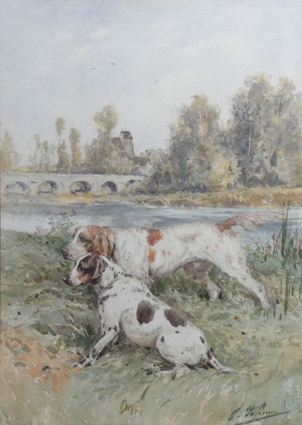 Olivier de Penne, Chiens à l’arrêt, Pont de Grez sur Loing, 1880