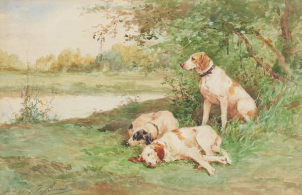 Olivier de Penne, Chiens au repos au bord de la rivière, 1880
